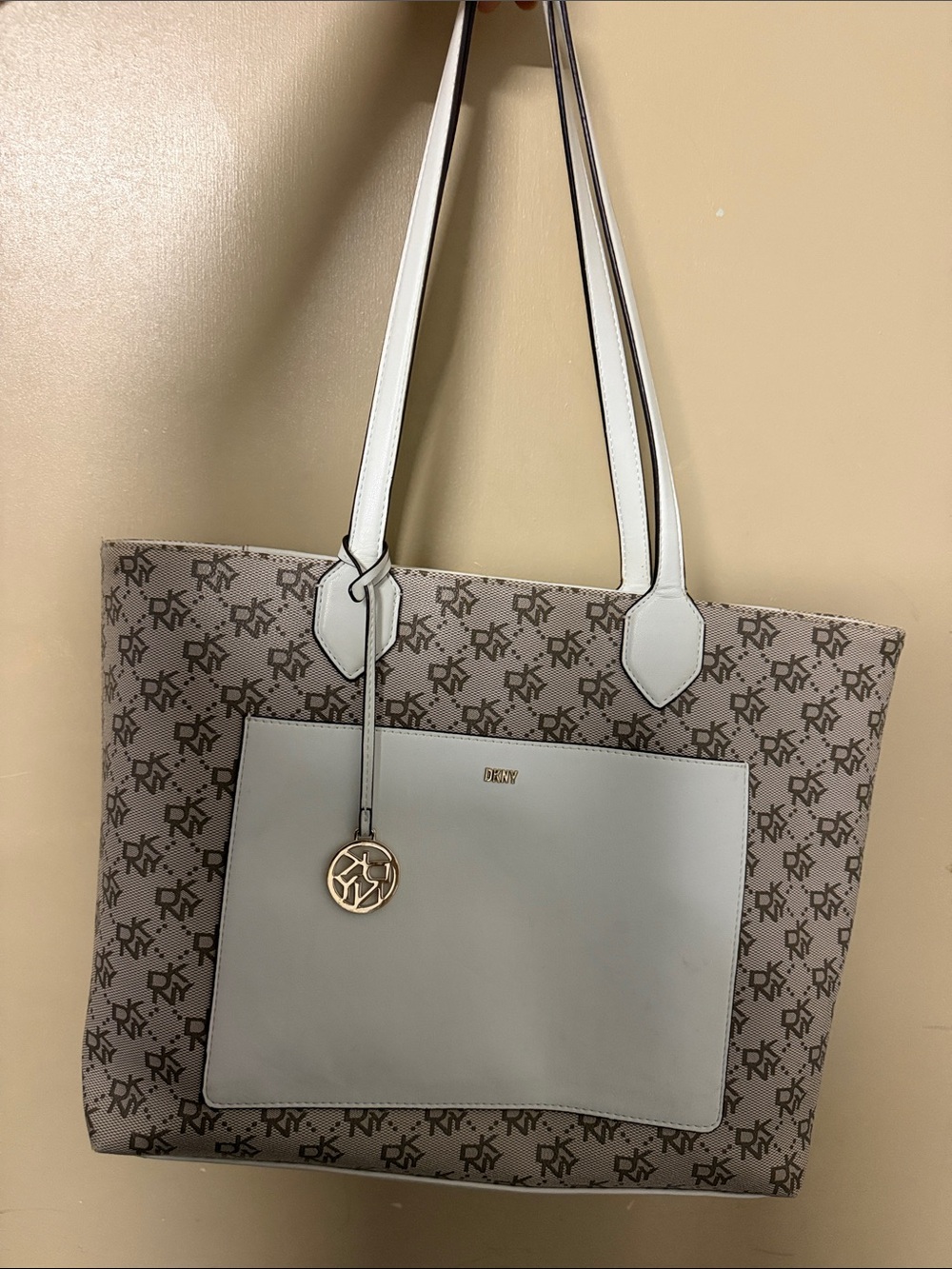 DKNY Beige Monogram Tote with White Front Pocket and Straps